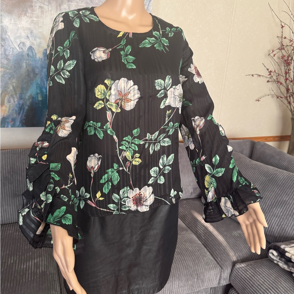 NWT Black Tape_ Sheer Top with Floral Accents
